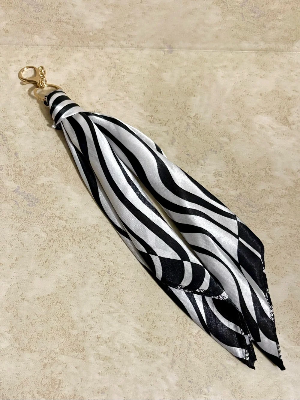 NWOT - Black & White Zebra Print Silk Scarf Keychain - Purse Charm
